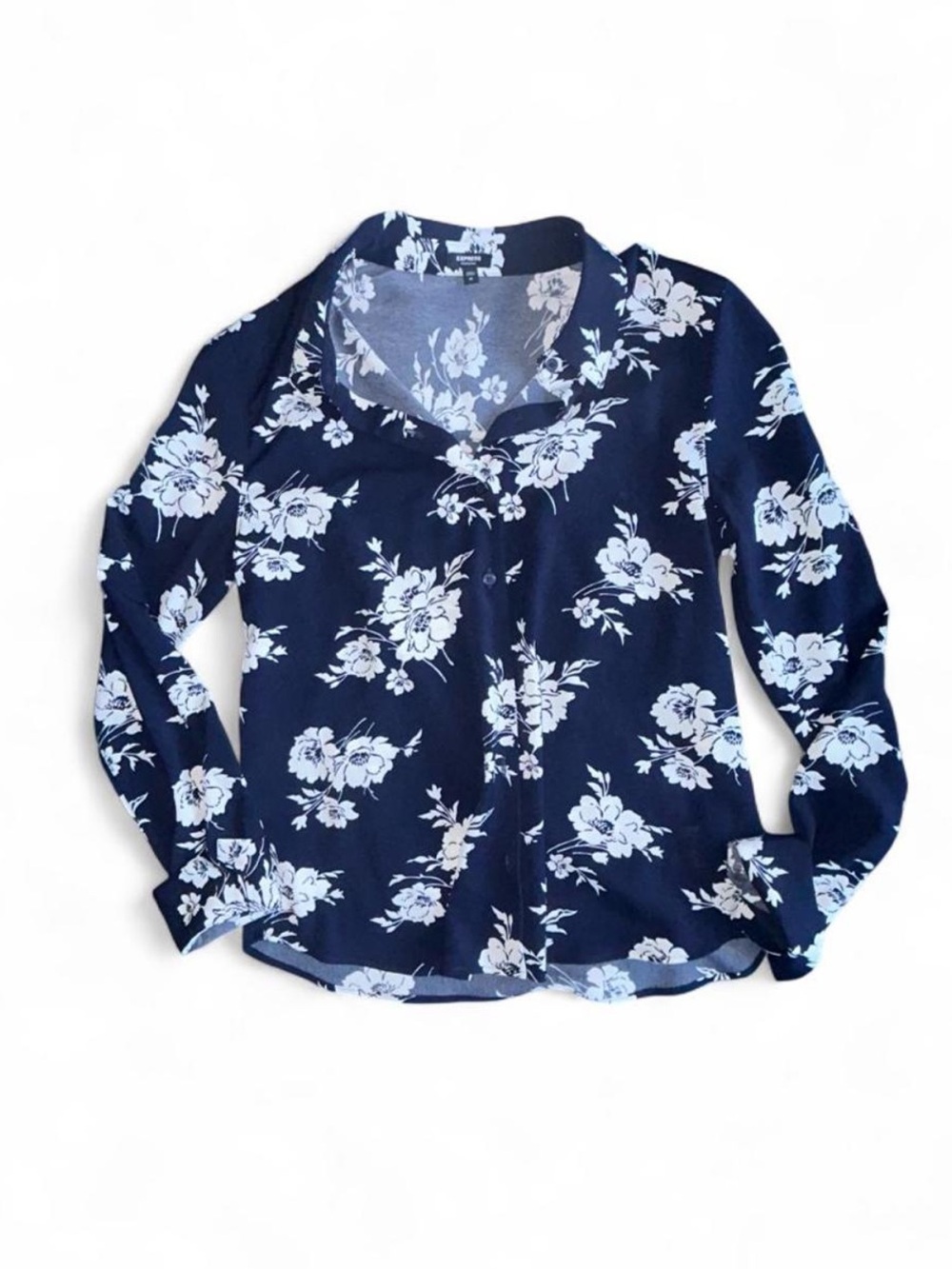 Express Navy Blue White Floral Long Sleeve Button Down Blouse Top